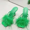 Liyke Summer Fashion Yellow Fluffy Furry Women Slippers Mules High Heels Slides Female Gladiator Sandals Party Banquet Shoes