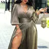 Plus size Dresse plus Long Sleeve V Neck High Slit Maxi Prom Dress 3XL Metallic French Wrap Elegant Evening Party Robe Vestido 230613