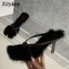 Slippers Eilyken 2023 New Design Faux Fur Fur Clipper High Heels Shoes Fall Best Street Females Square Head Ene Clip-On Sandals Women J230613