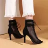 Liyke Black Mesh Cool Womens Summer Botines Sandalias Hollow Out Lace-Up 7CM 9CM Tacones altos Zapatos de salón de baile Tamaño 34-46