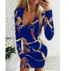 Spring New Fashion Deep V-Neck Print Casual Party Women's Evening Dress Sexy Long Sleeve Tight Wrap Hip Dress 5XL