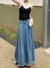 Faldas GUUZYUVIZ Verano Azul Cintura Alta Falda Plisada Mujeres Vintage Algodón Denim Largo Jean Para Damas