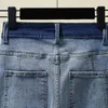 Kadınlar kot manşet yamalar kontrast renk düz kadın streç yüksek bel kayış ayak bileği uzunluğu denim pantolon dişi pantalonlar mujer