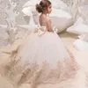 Шампанское кружевное аппликация Ball Gown Flower Girl Dress Dress Bound Back Back Дети малыш свадебное платье для вечеринки первые платья причастия