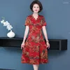 Etniska kläder 2023 Summer Chinese National Casual Improved Cheongsam Dress Medium Längd Löst blommigt tryck Kvinnor Elegant Retro Robe