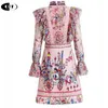 Dresses Runway Autumn Dresses Women Bow Tie Long Sleeve Print Elegant Lace Patchwork Embroidery Vintage Party Pink Mini Dress Vestidos