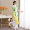 Ropa étnica Elegancia Vintage Cheongsam Tops Pantalones de pierna ancha Estilo chino Conjunto de 2 piezas Mujer Estampado clásico Slim Vietnam Odai Traje Mujer