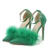 Liyke 2023 Ny sexig spetsig tå hög klackar pumpar mode grön fluffig fjäder sommar stilett sandaler kvinnor fest klänningskor