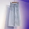 Skirts S-5XL Woman Denim Skirt Spring Summer Fashion Lacing Shirring Split Hem Loose Mid-length Cotton Jeans Female Plus Size