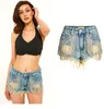Women's Shorts Streetwear Rhinestone Sequined Tassel Denim Women 2023 Summer Low Waisted Pockets Blue Jeans Short Pants Female Y2K