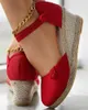 Sandalen Damen, geflochtene Espadrille, Knoten, Knopf, Knöchelriemen, Keil, Leinen, Sommer, 6 cm Absatz, Plateau-Espadrilles-Schuhe