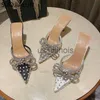Terlik Suojialun 2022 Yeni Bahar Kadınlar Terlik Bling Crystal Bow-düğüm Nemli Ayak Parçası Katırlar Üzerinde Ayakkabı İnce Yüksek Topuk Bayanlar Sandal Ayakkabı J230613