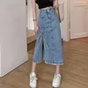 Jupes S-5XL Femme Denim Jupe Printemps Été Mode Laçage Chemise Ourlet Fendu Lâche Mi-longue Coton Jeans Femme Grande Taille