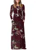 Vestidos casuais femininos GULE manga longa decote redondo solto liso floral cintura império maxi plissado com bolsos