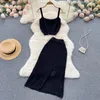 Work Dresses Sweet Spicy Wind Hollow Halter Undershirt Short Section Outside The Knitted High Waist Open Half Skirt Two-piece Set