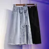 Saias S-5XL Mulher Denim Saia Primavera Verão Moda Lacing Shirring Split Hem Solto Mid-Comprimento Algodão Jeans Feminino Plus Size