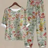 Women's Two Piece Pants Women's Set O Neck Flower Print Loose Elastic Waist Button Up Top And Women Suit Ladies Clothing Casual