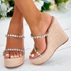 Nieuwe Kristal Transparante Open Teen Platform Hakken Slippers Vrouwen Wiggen Sandalen Mode Stro Touw Weave Dikke Bodem Vrouwelijke Schoenen