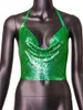 Women's Tanks Green Sequined Super-kort toppar Women's 2023 Solid Color Backless Himmer Metal kedjad sexig chic camis klubbdräkt