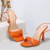 Größe 35–42 Damen-Gladiator-Sandalen in Orange mit überkreuzten Riemchen und modischen Plissee-Stiletto-Schnürschuhen mit quadratischer Zehenpartie