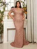 Plus size Dresses Missord Size V neck Short Sleeves Sequin Mermaid Hem Evening Dress Wedding Party Elegant Formal Women Prom Gown 230613