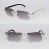 Luxury Cross Accessories Moissanite Diamond Set Lunettes de soleil sans monture Womans Big Stones Diamond Lunettes de soleil Original White Buffalo Horn Hommes Femmes Lunettes de soleil Taille 58