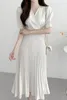 Casual Dresses Women A Line Midi Bubble Short Sleeve V-Neck Waist Wrapped Korean White Pleated Dress Robe Femme Design Fishtail Vestidos