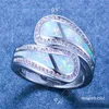 Anéis de casamento de luxo feminino branco azul fogo opala anel exclusivo cor prata faixa promessa noivado para mulheres