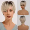 Lace Wigs ALAN EATON Korte Bruine Highlight Pruiken voor Vrouwen Pixie Cut Synthetische Pruiken met Pony voor Zwarte Vrouwen Hoge Temperatuur Dagelijks Haar Z0613