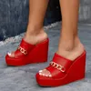 Liyke 2023 nouveau cuir rouge plate-forme compensées pantoufles été Peep Toe Sexy Super talons hauts mode chaîne sandales chaussures taille 35-42
