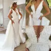 Sexy Meerjungfrau-Brautkleid mit tiefem V-Ausschnitt, Perlen und abnehmbarer Schleppe, offener Rücken, perlenbesetzt, Strand-Bohemain-Brautkleid in Übergröße