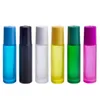 Frascos de perfume de óleo essencial líquido de vidro arco-íris de 10 ml Frosted Roll on Bottle com bolas de aço inoxidável 3 tipos de tampas para escolher Akxle