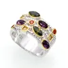 Anillo de piedras preciosas de múltiples capas y multicolores con incrustaciones de diamantes para joyas de mujer de moda.
