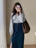 Vestidos de trabalho Xgoth Autumn Sweatshirt Ternos Roupas Femininas Designer Simples Manga Longa Camisa Decote em V Temperamento Saia Denim Duas Peças