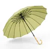 16 Ribs Straight Umbrella Windproof Solid Color Long Handle Straight Umbrella Women Men Bamboo Handle Pongee Umbrella