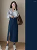 Vestidos de trabalho Xgoth Autumn Sweatshirt Ternos Roupas Femininas Designer Simples Manga Longa Camisa Decote em V Temperamento Saia Denim Duas Peças