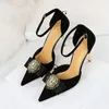 Liyke New Design Chic Crystal Buckle Women Pumps Sexy Pointed Toe 10CM Thin High Heels Mules Sandal Female Slingback Shoes Black