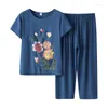 Kvinnors tvåbitar byxor äldre blommigt tryck Summer Sleepwear kostym Kort ärm Löst bomull Silk Women Home Wear Clothes Trousers Set