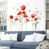 110x70 cm Fleurs Rouges PVC Stickers Muraux Chambre Décoration Papillon Stickers Muraux Décoration Murale Autocollant pour Salon Chambre Maison