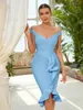 Casual Dresses Wholesale Women's Stretch Knit Sky Blue Ruffles snedstreck Sexig kväll kändis cocktail party bandag klänning