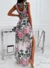 Women's Swimwear Summer Fashion Slim V-Neck Tie-Up Backless Chiffon Dress Sexy Sleeveless Slit Maxi Cover-Ups Robe Women Floral Print Beach Dress 230613