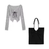 Dames T-shirt Koreaanse stijl Suspender Cardigan Vrouwen vroege herfst sexy v-neck slanke y2k gewas lange mouw crossbandage gebreide bovenste tweedelige set 230612