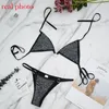 Bras Ellolace Sexy Diamond Braw Wire Bra Set Set Women Deep V Halter Устает женский 2 штук Bralette и Thong Fashion Black White 230613