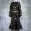 2023 Women Designer Dress Robe Light Luxury V-Neck Single Breasted Spets Mesh Patchwork Fishtail Sexig klänning