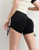 Aktive Shorts, einfarbig, weich, für Damen, Fitness, Sport, hohe Taille, Kordelzug, Falten, Yoga-Leggings, eng, umfassendes Training, Joggen