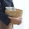 Kosze do przechowywania ręcznie robiony słomkowy koszyk z pokrywką Organizer pudełko pralnia kwiat rattan 230613