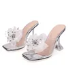 Liyke Summer Transparent Shoes For Women Chinelos Cristal Flowers Square Toe Clear Heals Mules Slides Vestido de Festa PVC Sandálias