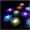 Coroas de flores decorativas Led Lótus Lâmpada Colorf Changed Flutuante Water Pool Wishing Light Lantern Candleless Flower Lamps F Dhta9