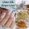 Guldfolie Platinum Silver Shard Nail Glitter 6 Grid per låda Glitter Silk Stripes Lines Flakes Pulvers Powder