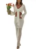 ツーピースドレスの女性かぎ針編みマキシスカートセット長袖vネックノットクロップトップとボディコン春の夏の服（1-ホワイトm）
